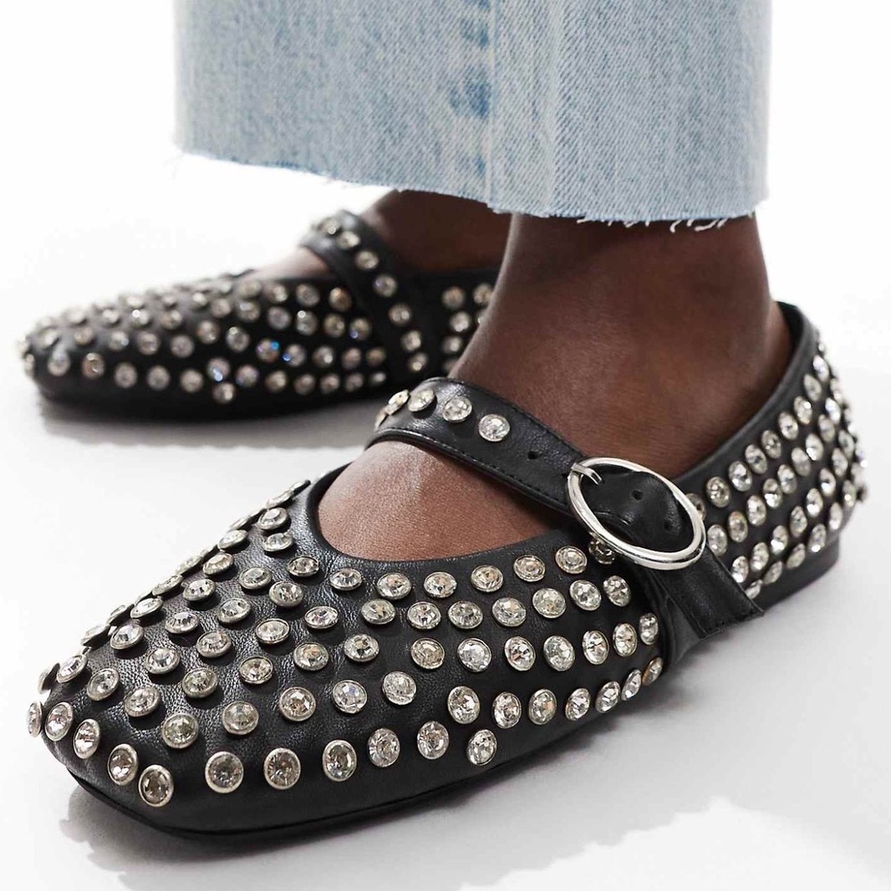 ASOS DESIGN Luxe Premium Leather  Mary Jane Ballet Flats Black w Gems US 6